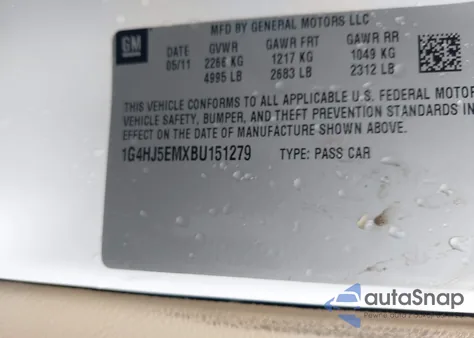 2011 Buick Lucerne Cxl Premium из США, поврежденный, VIN 1G4HJ5EMXBU151279